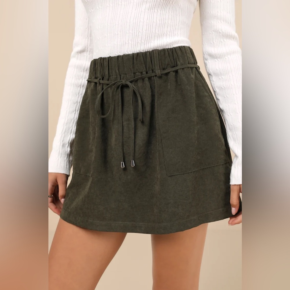 Lulus Convincing Charm Dark Olive Green Suede Mini Skirt - Size XS